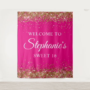 Tenture Parties scintillant d'or Hot rose Sweet 16 Anniver