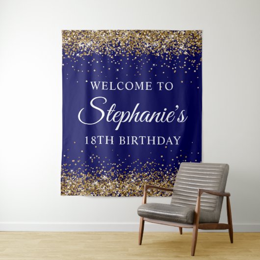 Tenture Parties scintillant d'or Marine Bleu 18e anniversa (En situation)