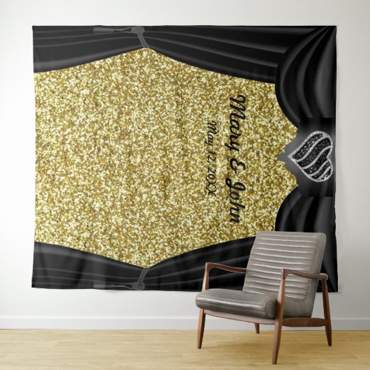 Tenture Parties scintillant d'or Noir & Blanc Coeur Noir R (En situation (horizontale))