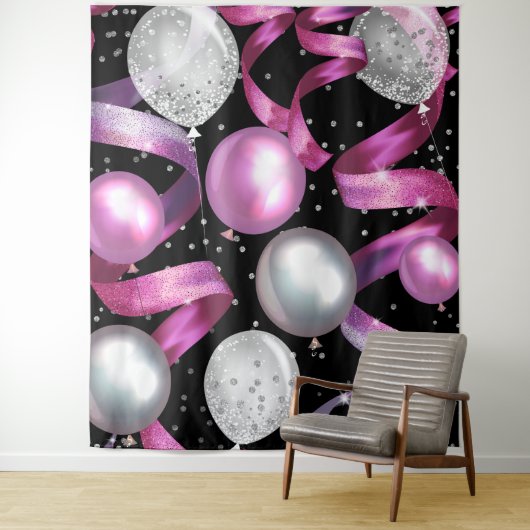 Tenture Parties scintillant en argent rose Noir Ballons ar (En situation)