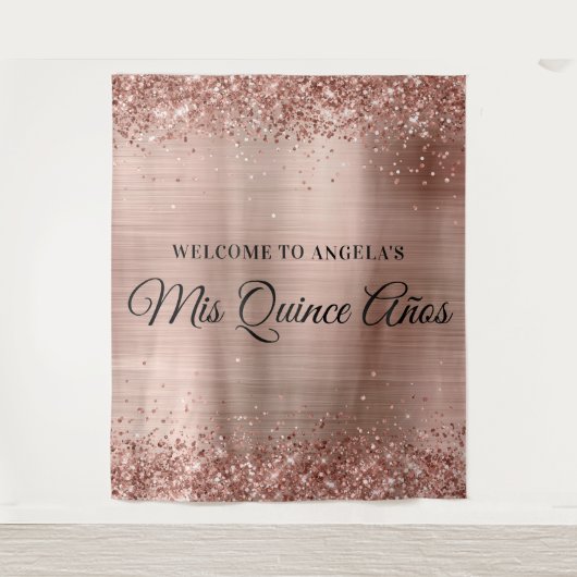 Tenture Parties scintillant or rose et Foil Mis Quince Año (Devant)