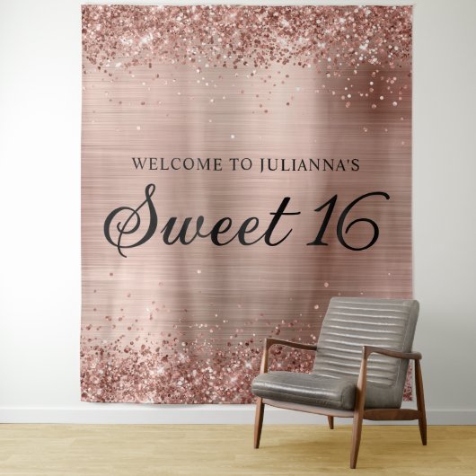 Tenture Parties scintillant or rose et Foil Sweet 16 Bienv (En situation)