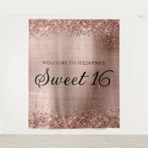 Tenture Parties scintillant or rose et Foil Sweet 16 Bienv