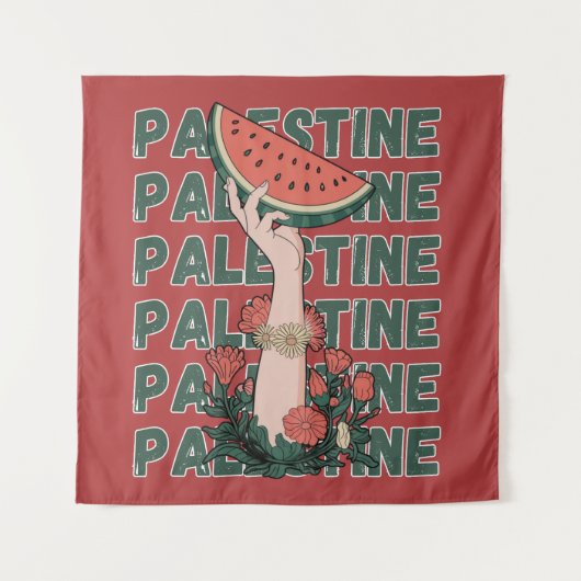 Tenture pastèque, fleurs et texte Palestine Répéter (Devant)