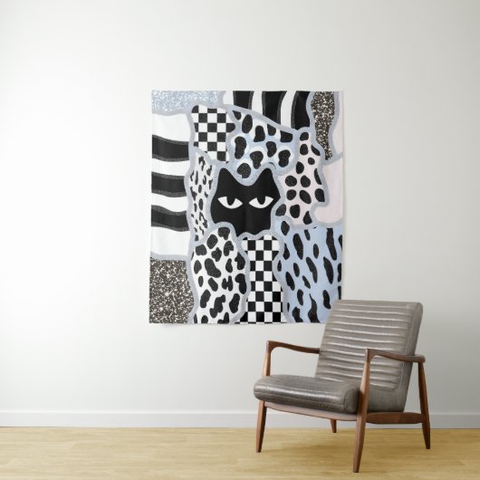 Tenture Patchwork Chic Chat Noir Suspect Gingham & Carreau (En situation)