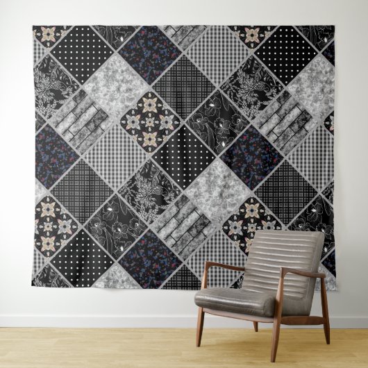 Tenture Patchwork monochrom noir gris blanc patchwork qui (En situation (horizontale))
