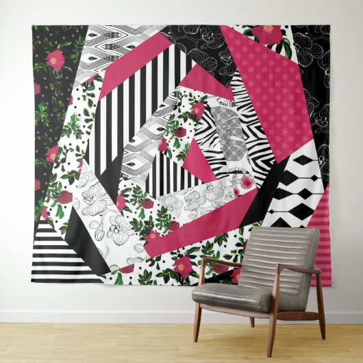 Tenture patchwork rouge, populaire, patchwork lancer oreil (En situation (horizontale))