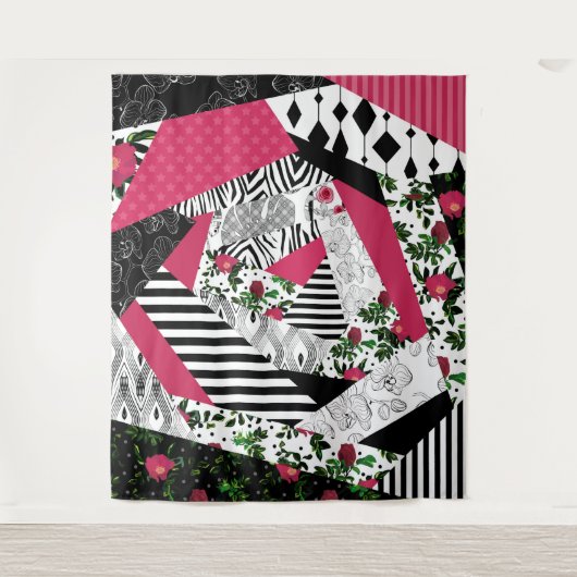 Tenture patchwork rouge, populaire, patchwork lancer oreil (Devant)