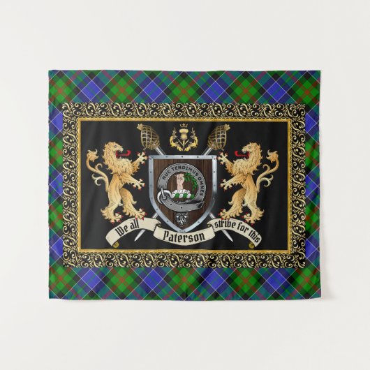 Tenture Paterson Clan Badge & Motto avec Lions (Devant (Horizontal))