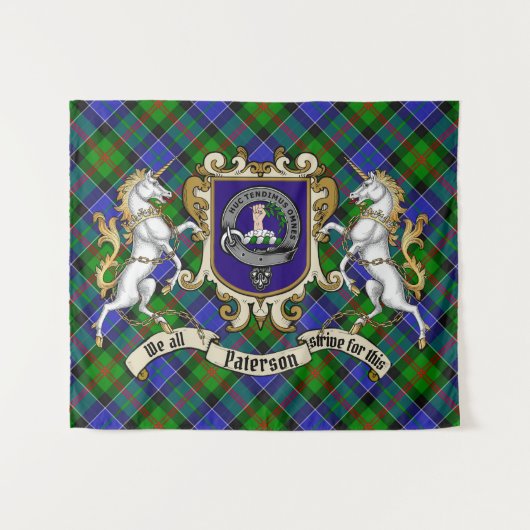 Tenture Paterson Clan Badge & Unicorns avec Tartan (Devant (Horizontal))