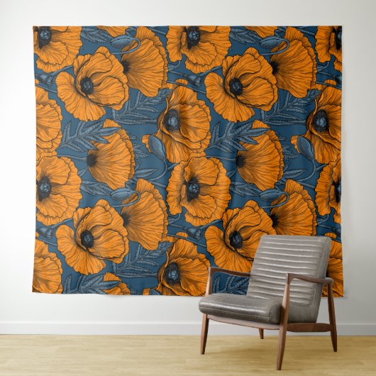 Tenture Pavot orange sur bleu foncé (En situation (horizontale))