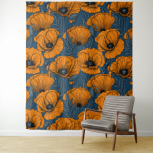 Tenture Pavot orange sur bleu foncé