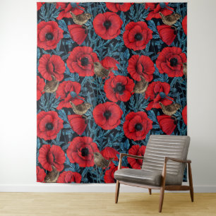 Tenture Pavot rouge et brunes, feuilles bleus sur noir