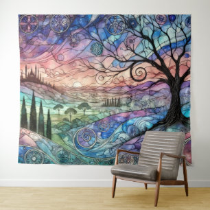 Tenture Paysage Imaginaire avec arbre et coucher de soleil