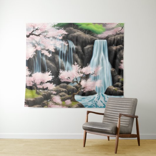 Tenture Paysage Japonais Fleurs De Cerisiers Et Cascade (En situation (horizontale))