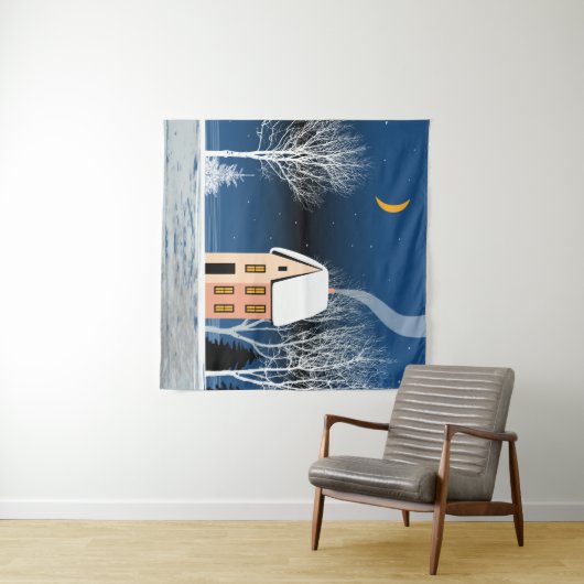 Tenture Paysage nocturne d'hiver. Maison cosy, divers arbr (En situation (horizontale))