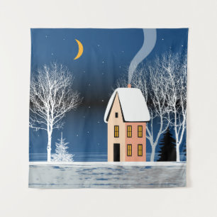 Tenture Paysage nocturne d'hiver. Maison cosy, divers arbr