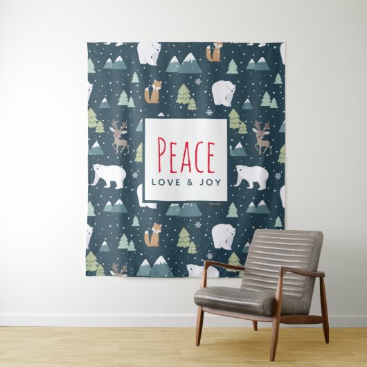 Tenture Peace Love & Joy Cute Christmas Animaux Motif (En situation)