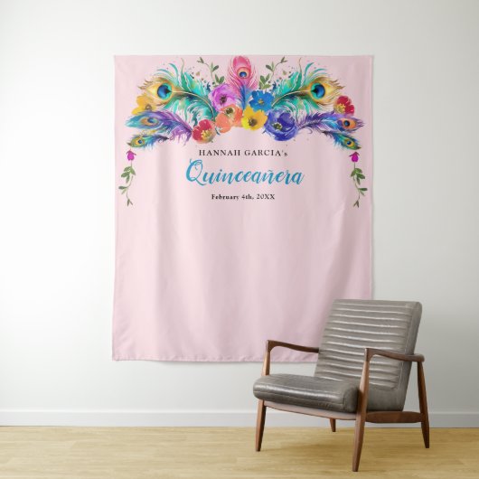 Tenture Peacock Feather Flowers Quinceañera Fond photo (En situation)