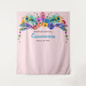 Tenture Peacock Feather Flowers Quinceañera Fond photo (Devant)