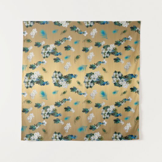 Tenture Peacocks et plumes sur Gold Fabric Print (Devant (Horizontal))