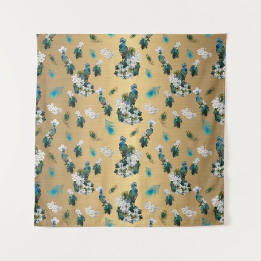 Tenture Peacocks et plumes sur Gold Fabric Print (Devant)