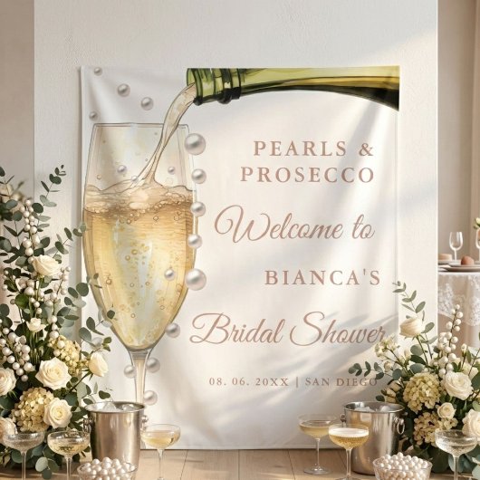 Tenture Pearles et la douche de mariée Prosecco Bienvenue