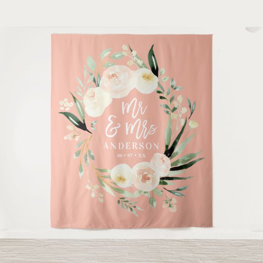 Tenture Pêche + vert M & Mme mariage floral aquarelle (Devant)