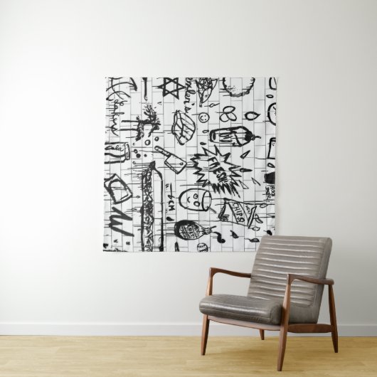 TENTURE PEINTURE ABSTRAITE NOIRE ET BLANCHE (En situation (horizontale))