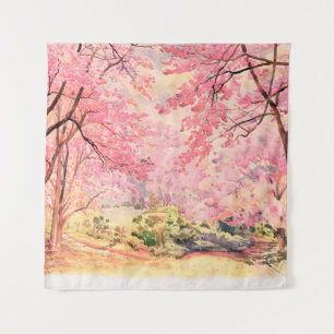Tenture Peinture aquarelle paysage rose fleur rouge rose d