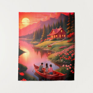 Tenture Peinture coucher de soleil avec un lac et Cottage-