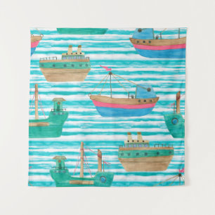 Tenture Peinture d'aquarelle en continu motif avec bateaux