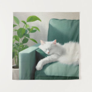 Tenture Peinture de chat dormant sur un canapé vert