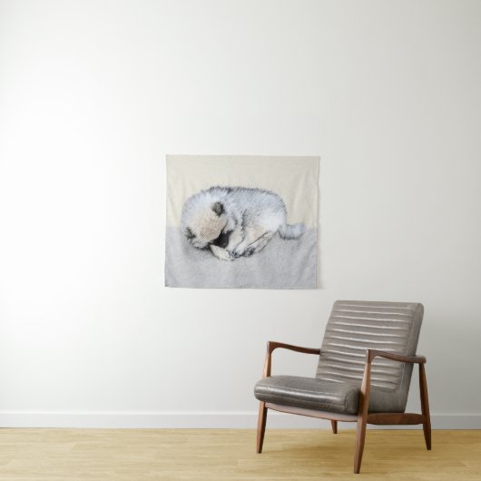 Tenture Peinture originale de chiot Keeshond endormi (En situation (horizontale))