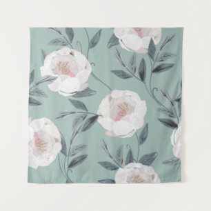 Tenture Peonies Roses Blanches : Broderie Florale.
