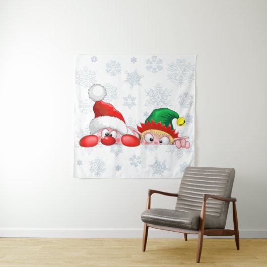 Tenture Père Noël et Elf Cute et drôle Caractères Pékin (En situation)