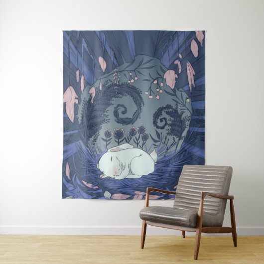 Tenture Petit Lapin Blanc Endormi (En situation)