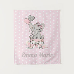 Tenture Petite Fille Éléphant Ballons Roses Argent Nom