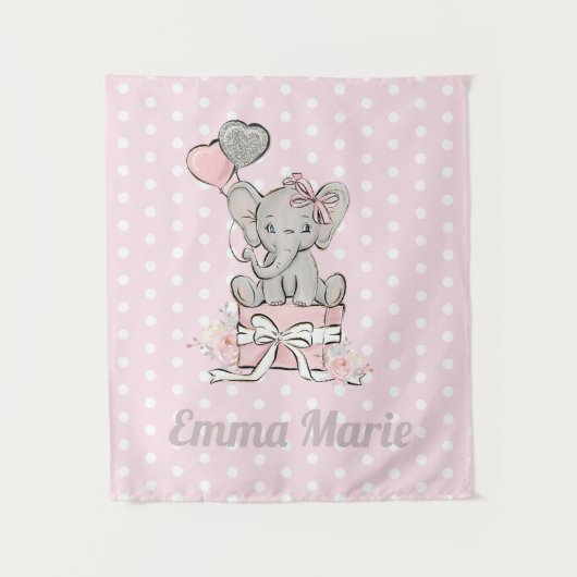 Tenture Petite Fille Éléphant Ballons Roses Argent Nom (Devant)