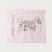 Tenture Petite Fille Éléphant Ballons Roses Argent Nom (Devant (Horizontal))