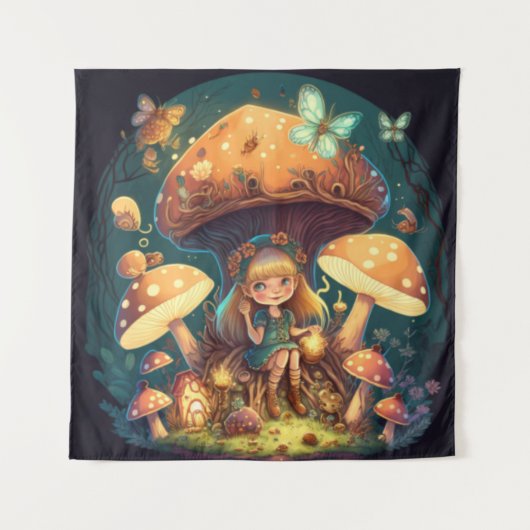 Tenture Petite fille elf parmi les champignons (Devant)