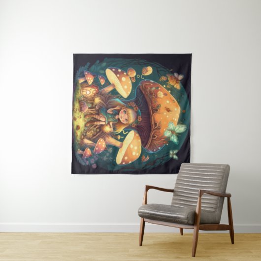 Tenture Petite fille elfe parmi les champignons (En situation (horizontale))