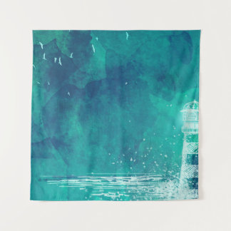 Tenture Phare et mouettes - Watercolor Ocean Scene