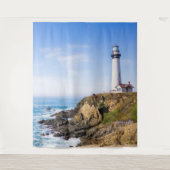 Tenture Phare sur la colline bleu ciel blanc océan (Devant)