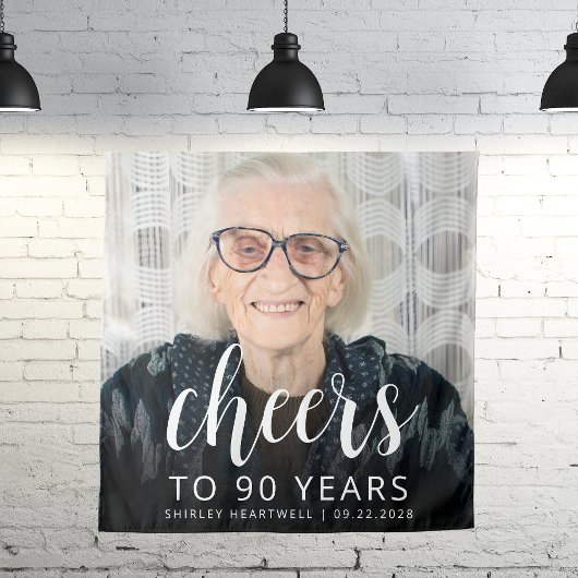 Tenture Photo de fête d'anniversaire 90 ans écriture blanc
