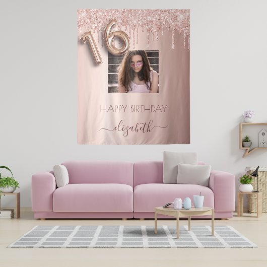 Tenture photo de fête des 16 ans rose gold pailleté rose