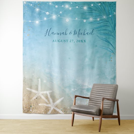Tenture Photo de mariage de plage à l'aquarelle bleu sarce (En situation)
