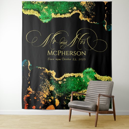Tenture Photo de mariage noir vert calligraphie dorée pers (En situation)