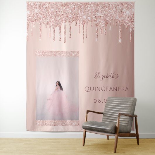 Tenture Photo rose gold goutte Quinceanera (En situation)