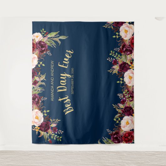 Tenture Photobooth Mariage Fleurs Bordeaux Or Marine (Devant)